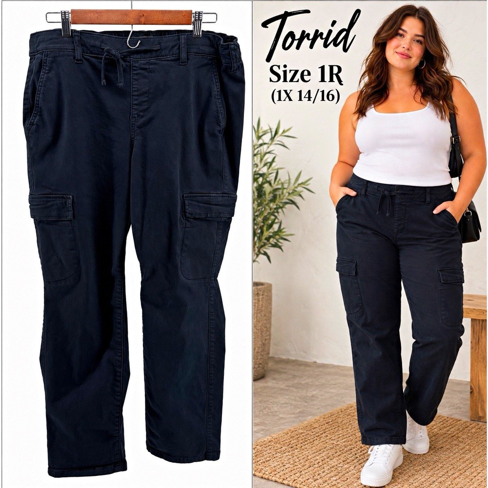 Torrid Women's Black Cargo Pants 1R (1X 14/16) Drawstring Elastic Waist Pockets